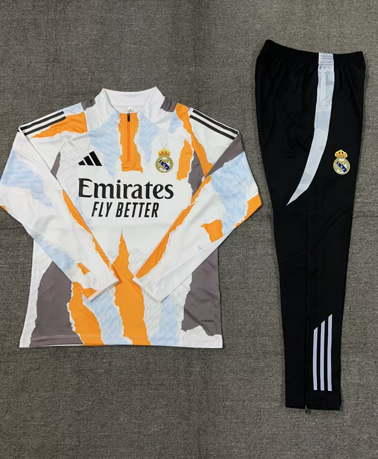 Chándal Real Madrid - Diseño Abstracto en Blanco, Naranja y Negro